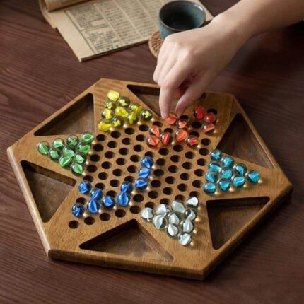 Checkers Children′s Toy Wooden Board Glass Bead Marbles