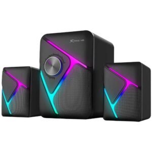 سماعات ألعاب سلكية ستيريو XTRIKE ME SK610 2.1 مع مضخم صوت، وإضاءة RGB، وباس ستيريو بقوة 11 واط، وإضاءة LED بألوان قوس قزح، ومقبض تحكم سهل الوصول إلى مستوى الصوت.