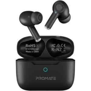 Promate True Wireless Earbuds, In-Ear Active Noise Cancelling Bluetooth v5.3 Earphones with Mic, 25H Playback Time, Intelligent Touch Controls and Charging Case for iPhone 17, S25, ProPods Black