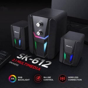 مكبر صوت الألعاب XTRIKE ME DREAM MY LIFE SK-612 مع مضخم صوت - صوت ستيريو 2.1 قناة بقوة 11 واط - تأثيرات إضاءة قوس قزح ديناميكية - يعمل بمنفذ USB سلكي + منفذ 3.5 ملم، مع زر للتحكم في مستوى الصوت لأجهزة الكمبيوتر المكتبية والمحمولة | أسود
