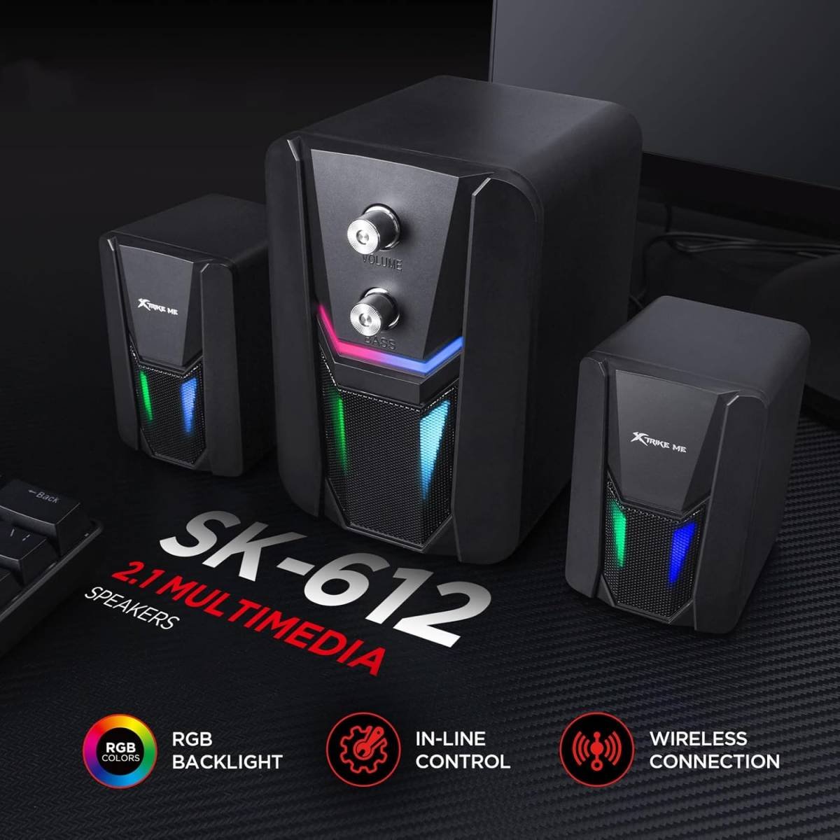 مكبر صوت الألعاب XTRIKE ME DREAM MY LIFE SK-612 مع مضخم صوت - صوت ستيريو 2.1 قناة بقوة 11 واط - تأثيرات إضاءة قوس قزح ديناميكية - يعمل بمنفذ USB سلكي + منفذ 3.5 ملم، مع زر للتحكم في مستوى الصوت لأجهزة الكمبيوتر المكتبية والمحمولة | أسود مكبر صوت الألعاب XTRIKE ME DREAM MY LIFE SK-612 مع مضخم صوت - صوت ستيريو 2.1 قناة بقوة 11 واط - تأثيرات إضاءة قوس قزح ديناميكية - يعمل بمنفذ USB سلكي + منفذ 3.5 ملم، مع زر للتحكم في مستوى الصوت لأجهزة الكمبيوتر المكتبية والمحمولة | أسود - الصورة 1
