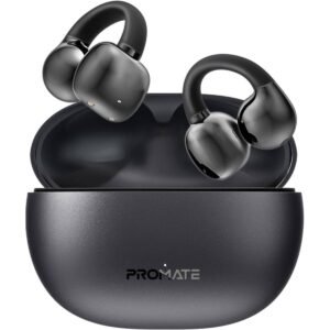 Promate True Wireless Earbuds with OWS Technology, IntelliTouch Control, Ergonomic Open-Ear Clip Design, 28-Hour Playtime, 500mAh Charging Case, Water-Resistance, and AudioFit Stability AirClip Black