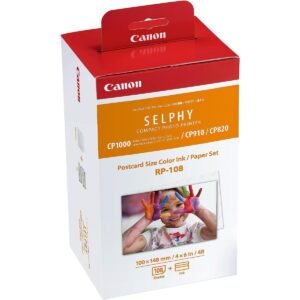 مجموعة حبر كانون RP-108 الملون + ورق مقاس 100 × 148 مم، 108 ورقة، متوافقة مع طابعات SELPHY CP820/CP910/CP1000/CP1200/CP1300/CP1500