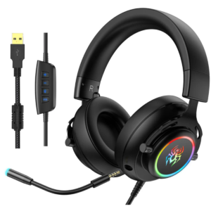 Abingo G60 Gaming Headset – Virtual 7.1 Surround Sound, 50mm Drivers, RGB LED Lighting, Detachable Mic, USB Gold-Plated Connector – Black