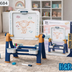 Double-sided children's drawing board with easel and storage shelf
