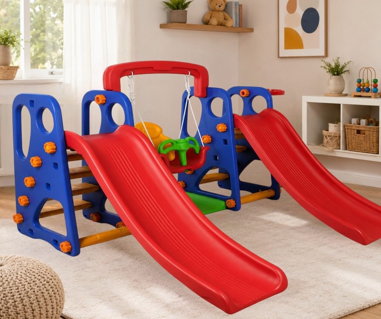 4-in-1 Children's Play Complex (2 Slides + Swing + Basketball) 4-in-1 Children's Play Complex (2 Slides + Swing + Basketball) - Image 1